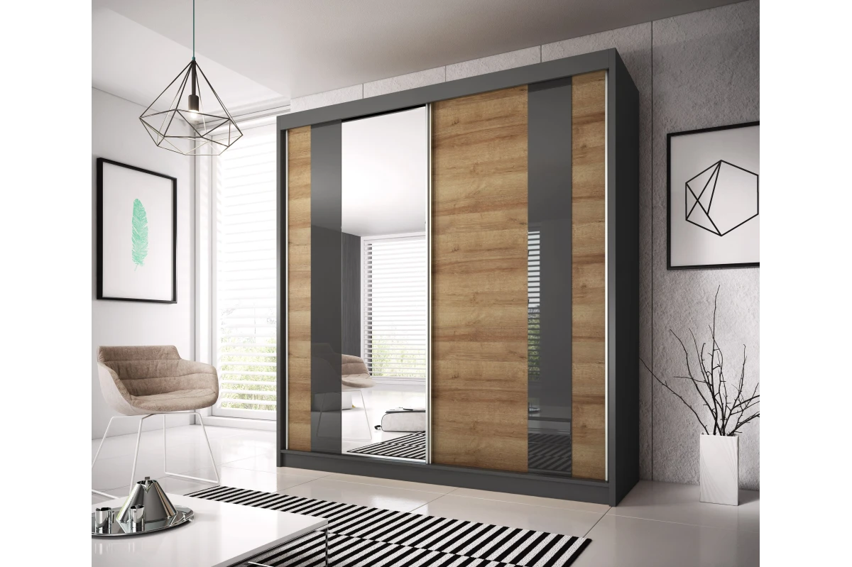 Kleiderschrank BEN 39 mit Spiegel - 183 - Graphite + Riviera