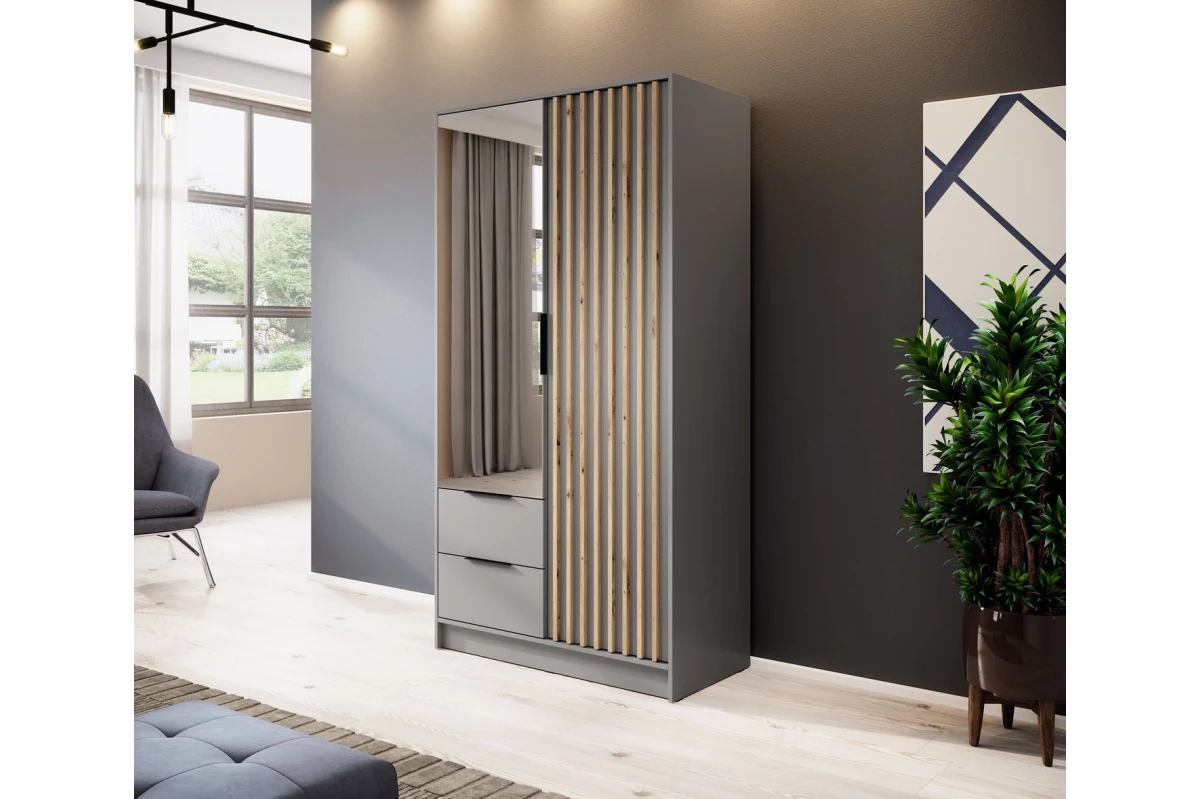Kleiderschrank John 2D mit Spiegiel Grau + Artisan