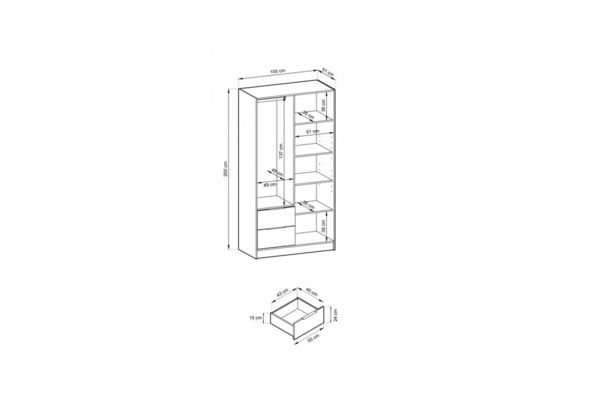Kleiderschrank mit Erweiterung - JOHN Artisan + Schwarz (105 cm, ohne Spiegel)