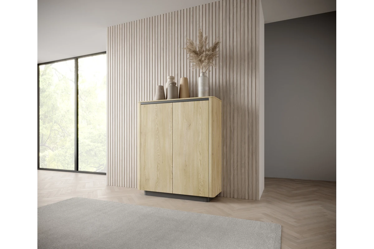 Hohe Kommode 2D TARO – Tiefschwarz + Eiche Cremona