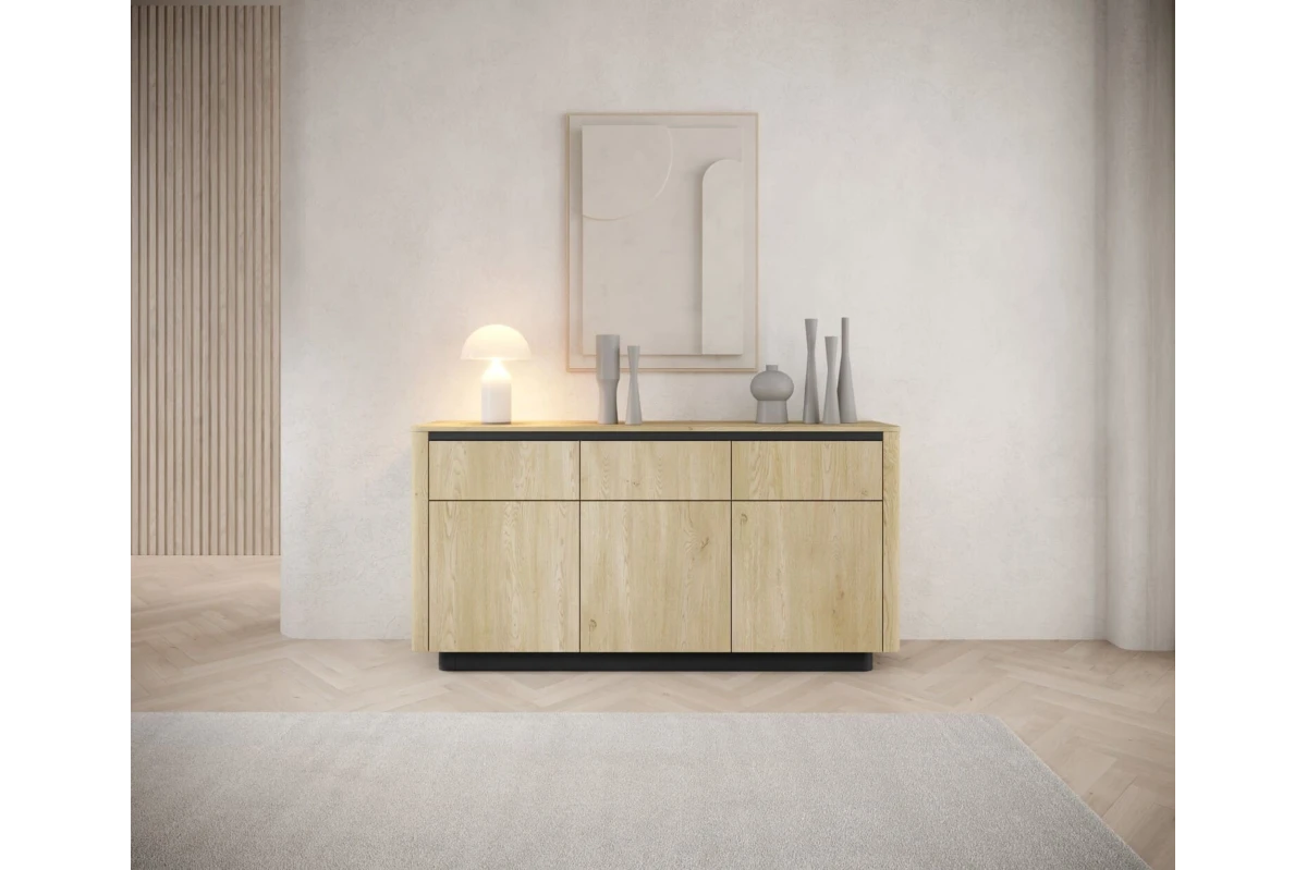 Kommode 163 3S3D TARO – Tiefschwarz + Eiche Cremona