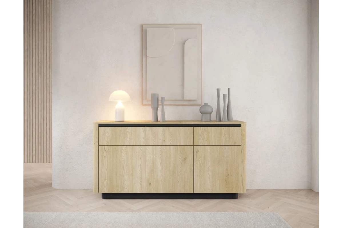 Kommode 163 3S3D TARO – Tiefschwarz + Eiche Cremona