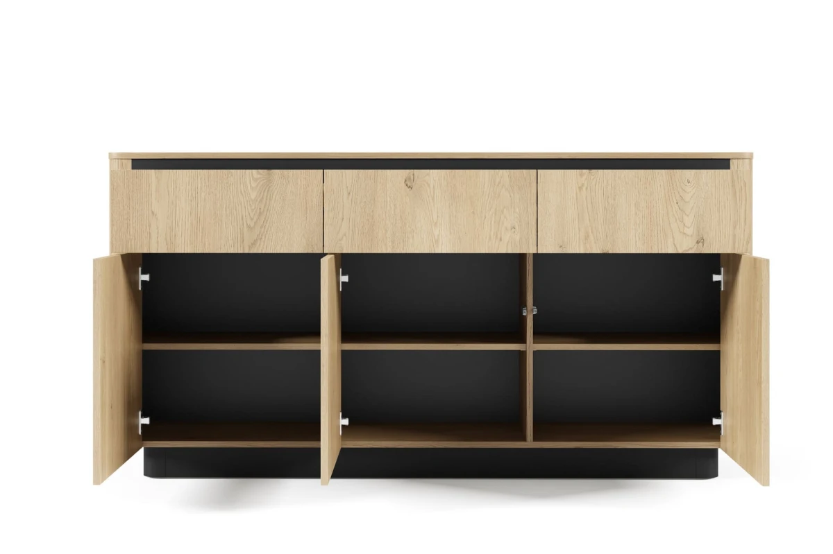 Kommode 163 3S3D TARO – Tiefschwarz + Eiche Cremona