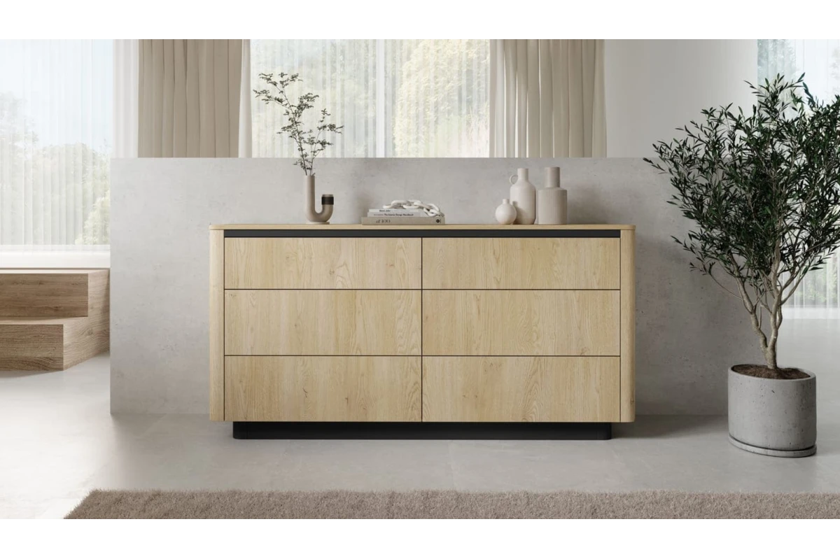 Kommode 163 6s TARO – Tiefschwarz + Eiche Cremona