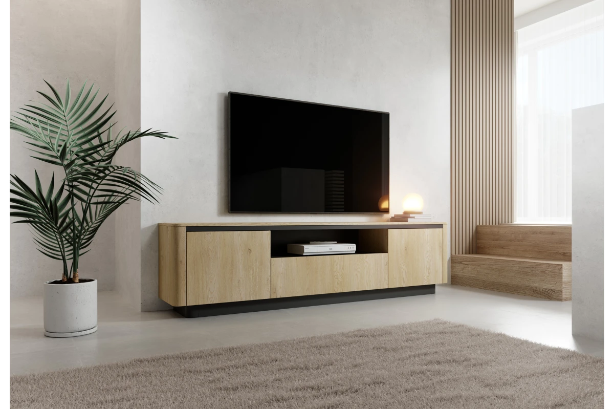 TV-Tisch 200 3d TARO – Tiefschwarz + Eiche Cremona