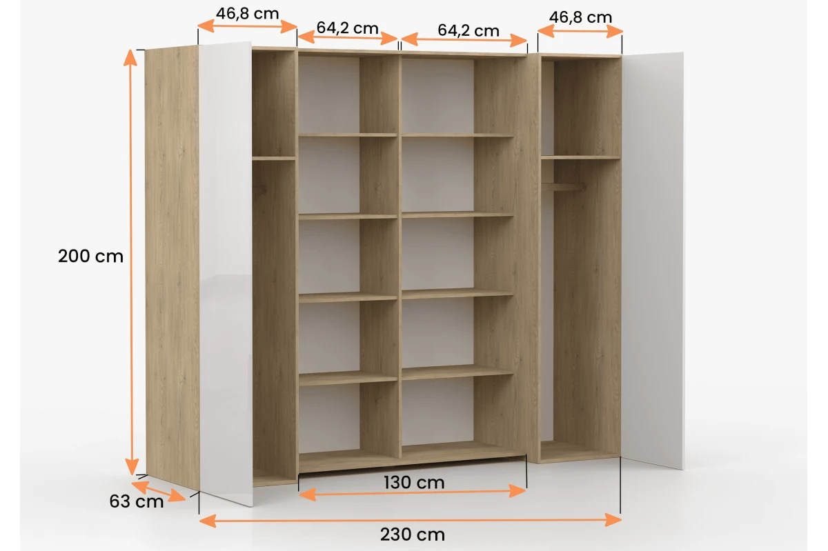 Kleiderschrank CALDO 230 cm - Eiche Cremona / Weiß Hochglanz