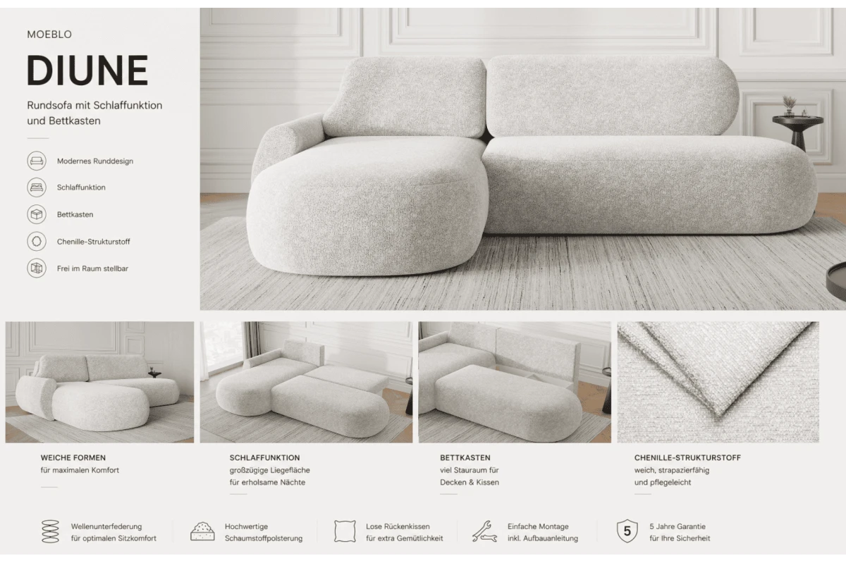 Ecksofa Diune - Rundsofa, Ecksofa mit abgerundetem Design