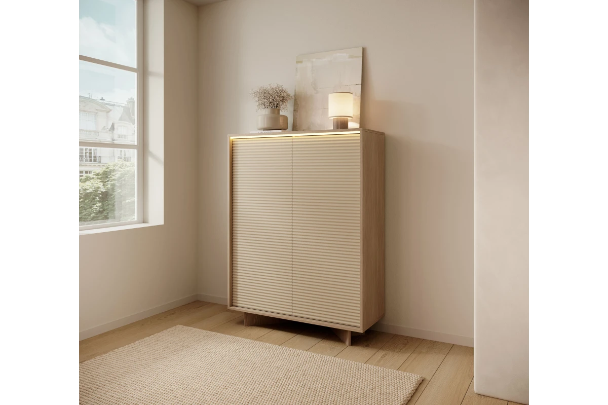Hohe Kommode 2 Türen TORANO + LED - Bolivar Natur / Cappuccino