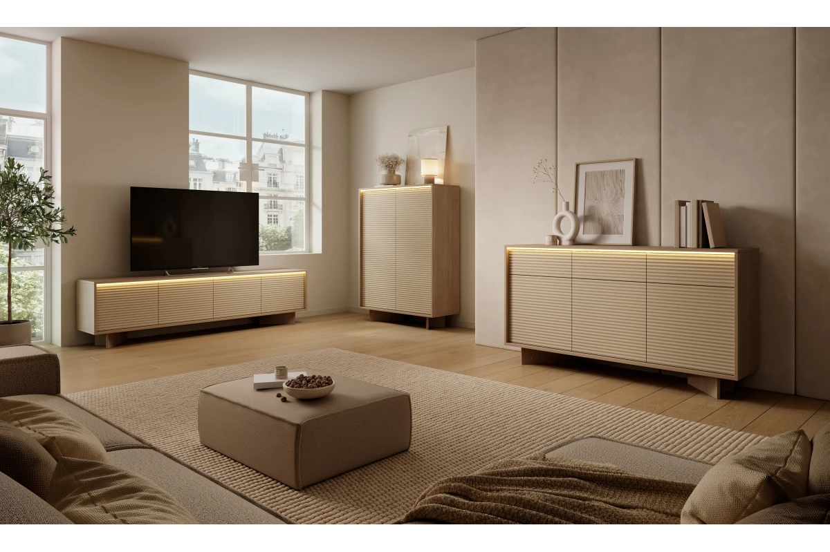 Kommode 154 3 Türen + 3 Schubladen TORANO + LED - Bolivar Natur / Cappuccino
