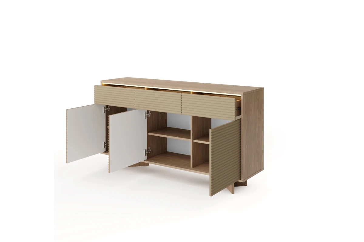 Kommode 154 3 Türen + 3 Schubladen TORANO + LED - Bolivar Natur / Cappuccino