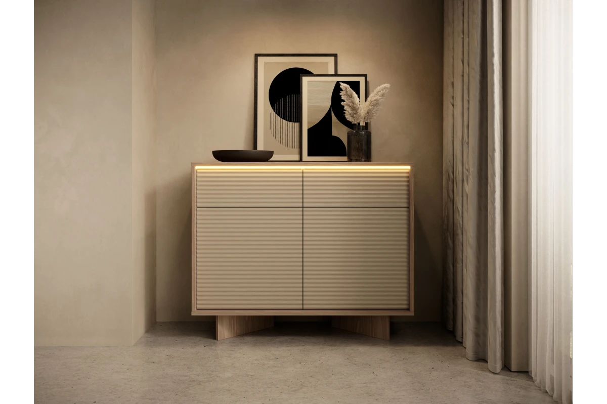 Kommode 104 2 Türen + 2 Schubladen TORANO + LED - Bolivar Natur / Cappuccino