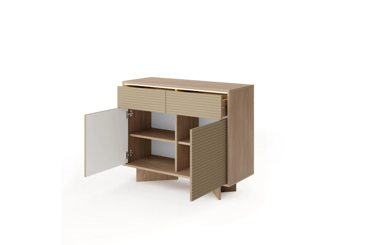 Kommode 104 2 Türen + 2 Schubladen TORANO + LED - Bolivar Natur / Cappuccino