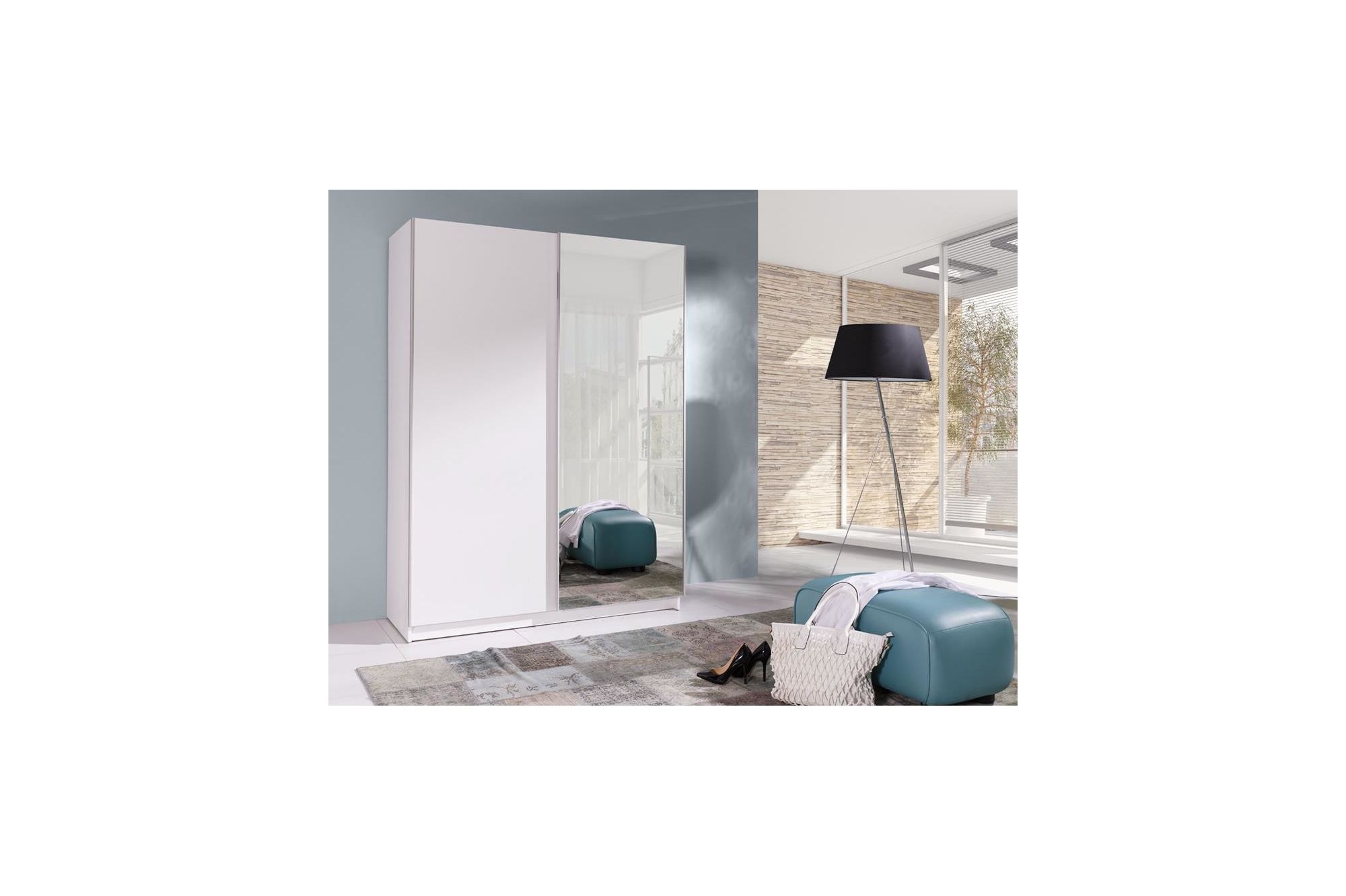 Kleiderschrank Schwebetürenschrank ADA II 150 - Weiß Matt mit Spiegel