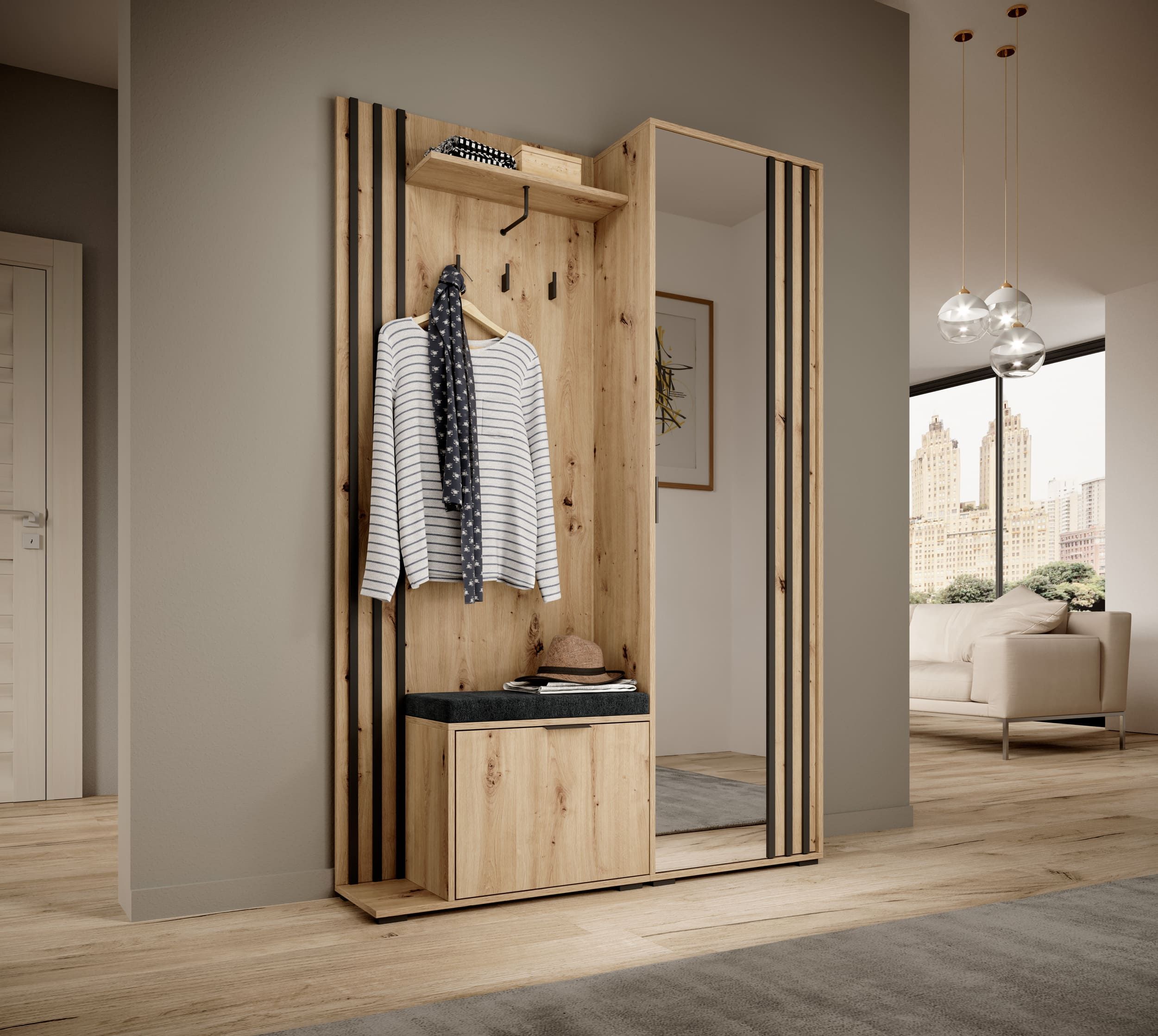 Kompaktgarderobe John mit Holzlamellen