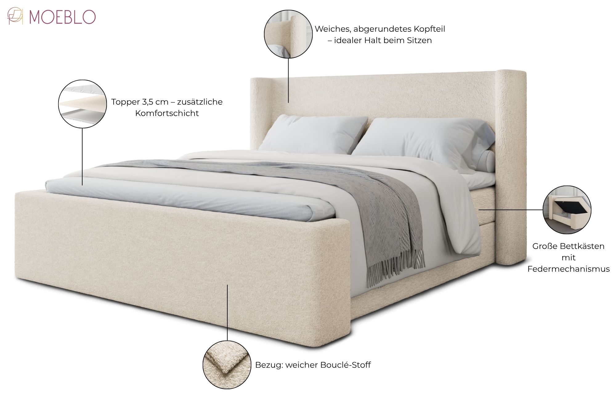 Mebligo Boxspringbett 160x200 Mit Bettkasten - ELMA Serie Grau